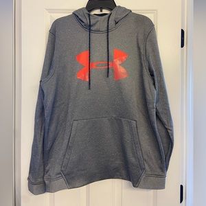 Under Armour men’s sweatshirt. Grey with red/orange logo. Size large. With hood.